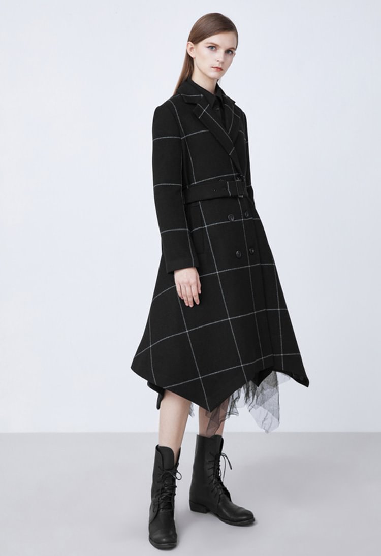 SDEER Waist Contrast Check Plaid Long Woolen Coat