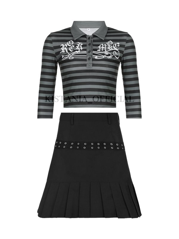 V Neck Stripes Long Sleeve Slim Ribbing Midriff + Hole Straps Decorated High Rise A-line Skirt 2-piece Sets