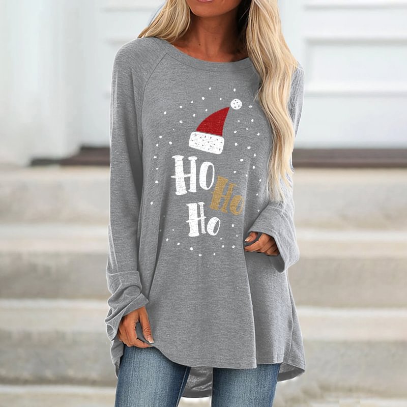 Hohoho! Christmas Hat Printed Loose T-shirt