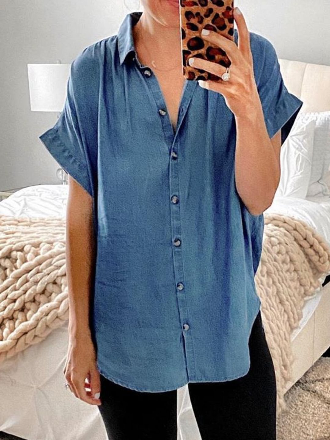 Blue Buttoned Short Sleeve V Neck Shirts & Tops-Corachic