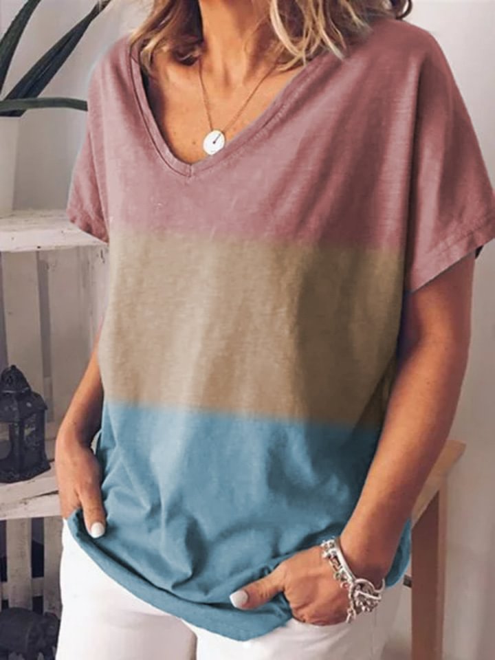 Gradient Printed V-neck T-shirt Short Sleeve Top