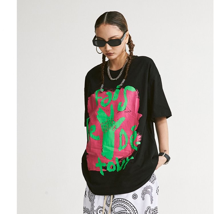 Street Short-sleeved T-shirt Men's Contrast Color Graffiti Oversize Top / Techwear Club / Techwear