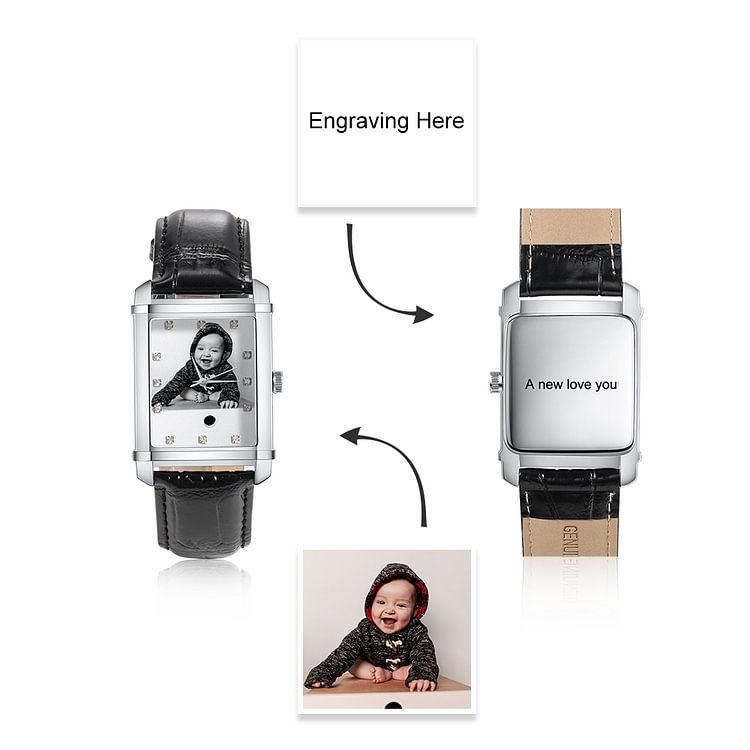 Women's Personalized Engraved Photo Watch Black Leather Strap