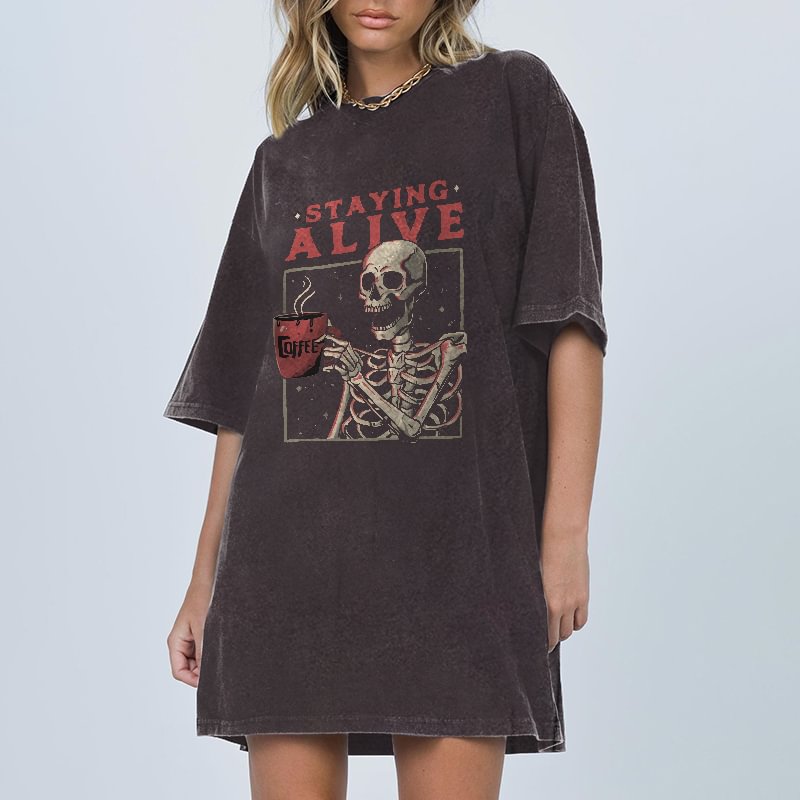 Minnieskull Coffee Skull Staying Alive Print T-shirt - Minnieskull