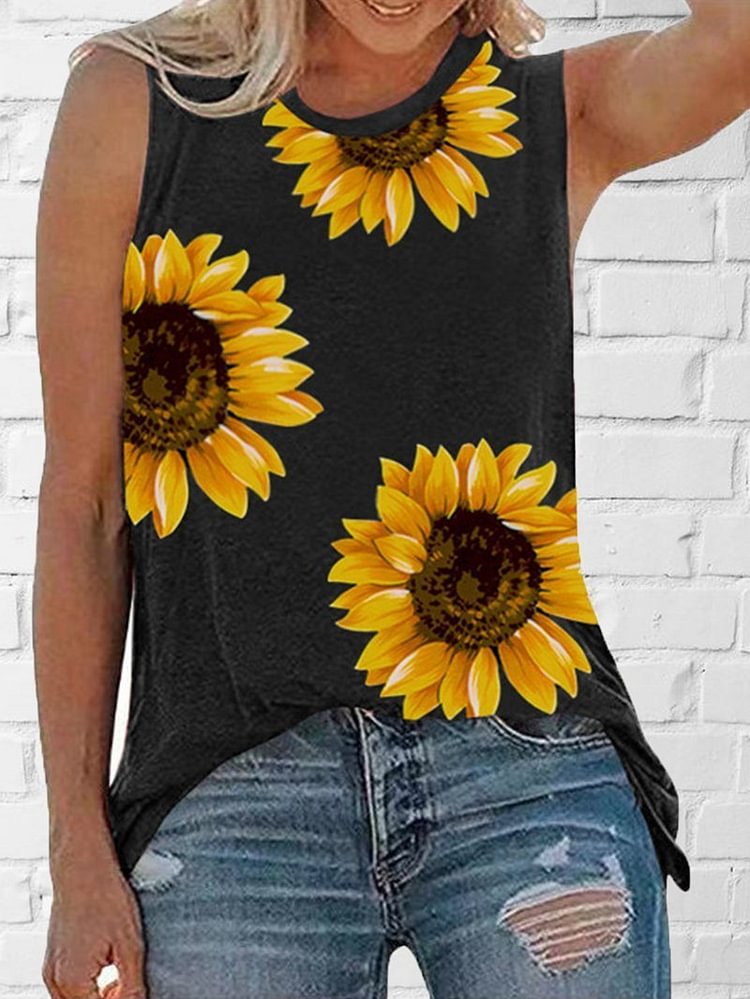 Sunflower Pattern Printed Round Neck Sleeveless Tank Top T-shirt-Mayoulove