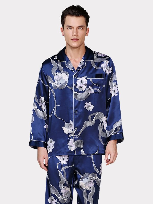 Blue Floral Printed Silk Pajamas Set For Men