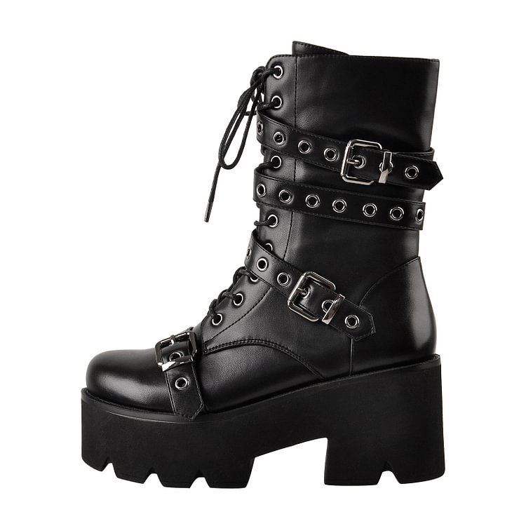 Studded Strap Lace-up Buckle Ankle Boots
