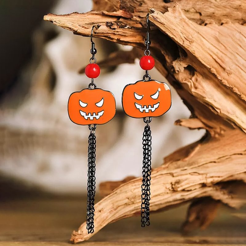 Minnieskull Halloween Pumpkin Head Tassel Earrings - Minnieskull