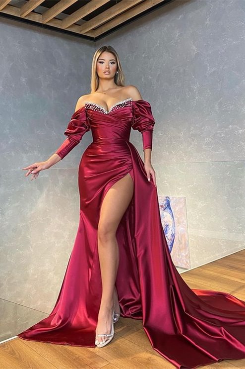 Luluslly Burgundy Long Sleeves Mermaid Prom Dress Slit With Ruffles