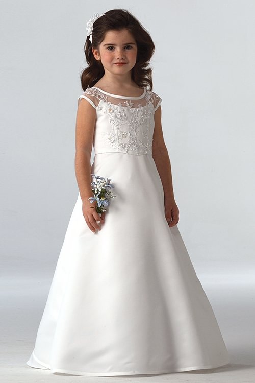 Luluslly White Scoop Cap Sleeves Flower Girl Dress Long With Appliques