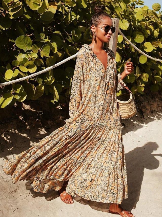 Elegant Printed Long Sleeve Maxi Vacation Dress-Corachic