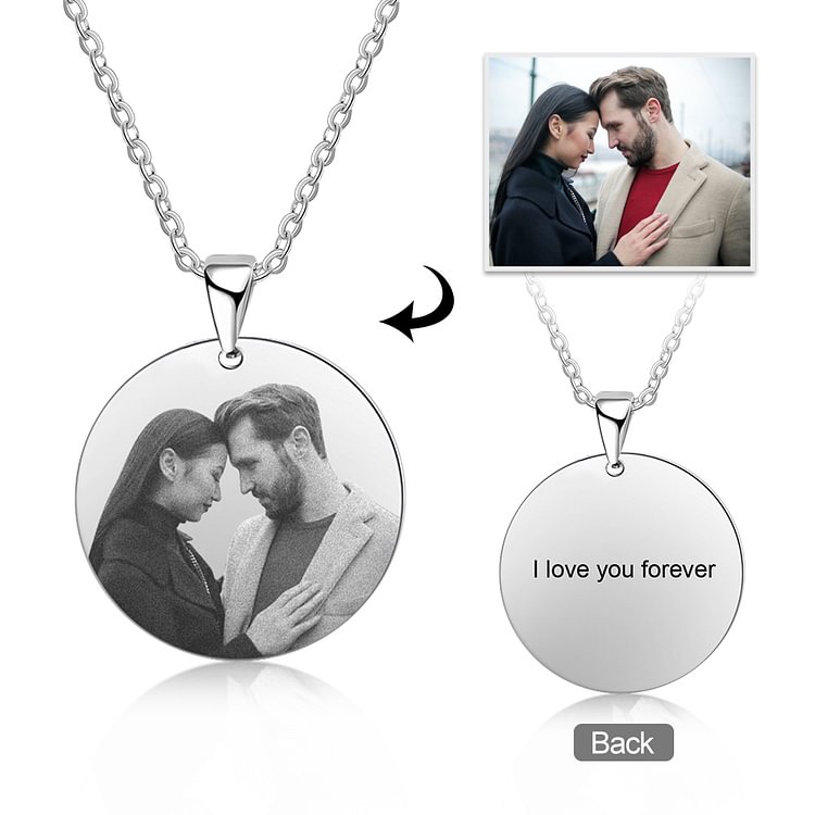 Round Picture Engraved Tag Necklace With Engraving, Custom Necklace with Picture and Text