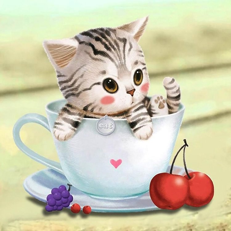 Cute Cup Cat Round Part Drill Diamond Painting 30X30CM(Canvas)-gbfke