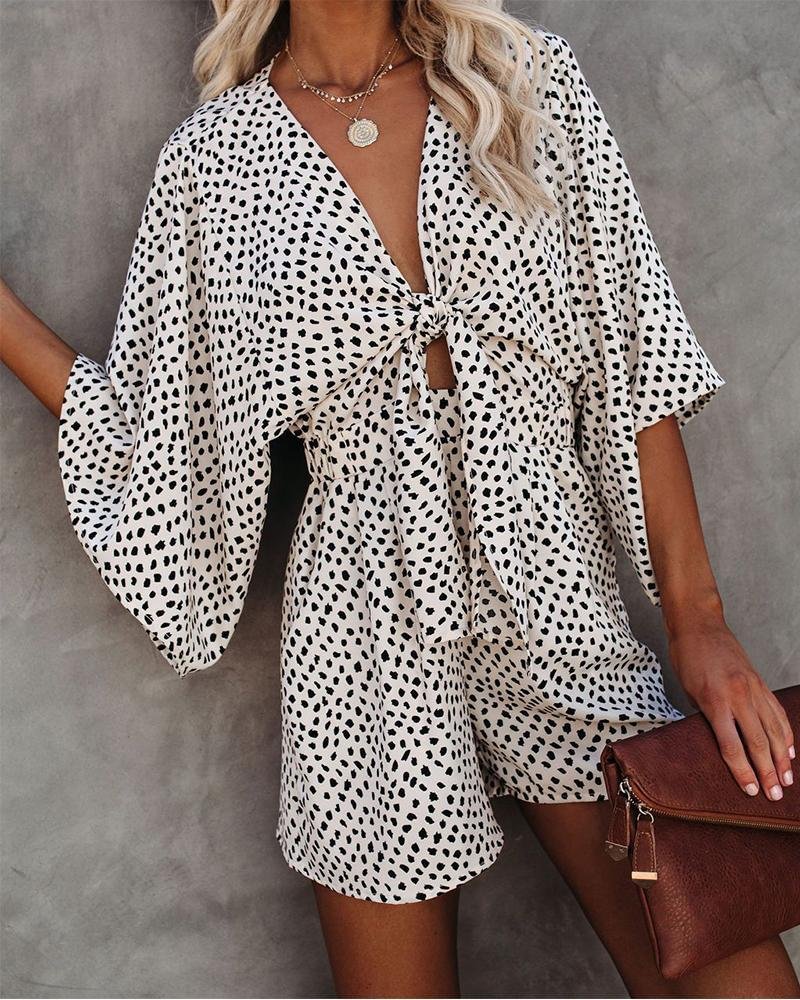 Dot Print Short Sleeve Loose Lace-up Rompers P11290