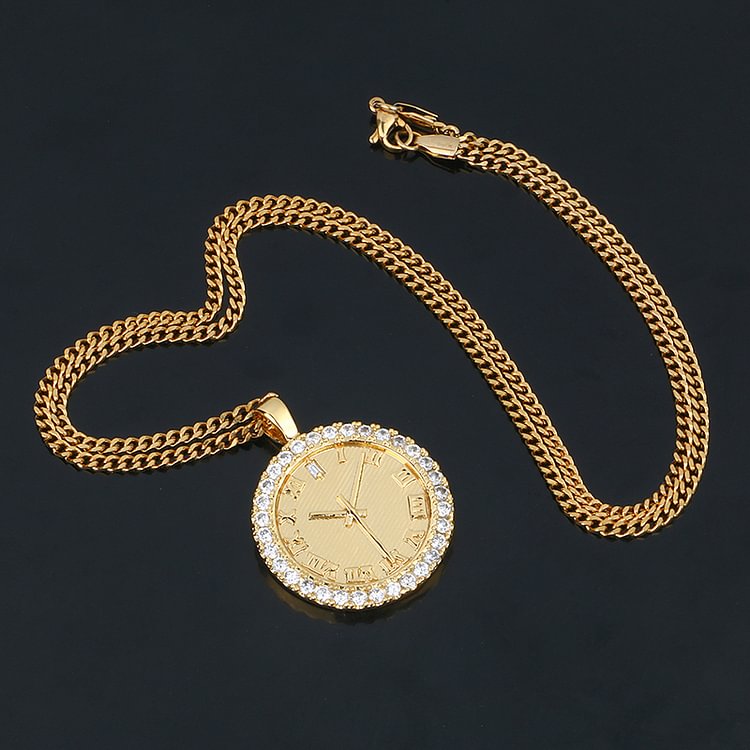 Iced Out Zircon Watch Dial Pendant Necklace Jewelry