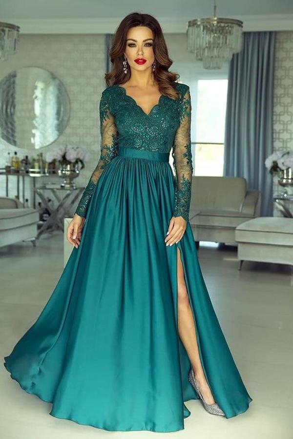 Luluslly Long Sleeves Dark Green Evening Dress Lace Appliques With Slit
