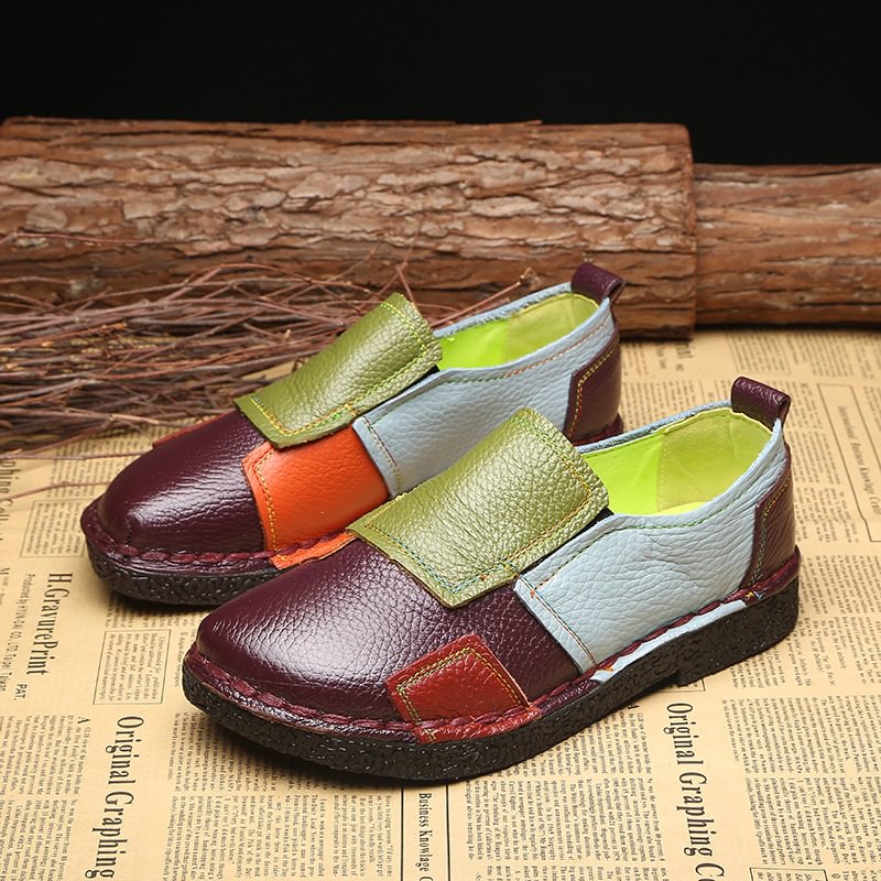 Women's Genuine Leather Loafers Mixed Color Ethnic Luxury Flats Boho Clarks Shoes - vzzhome