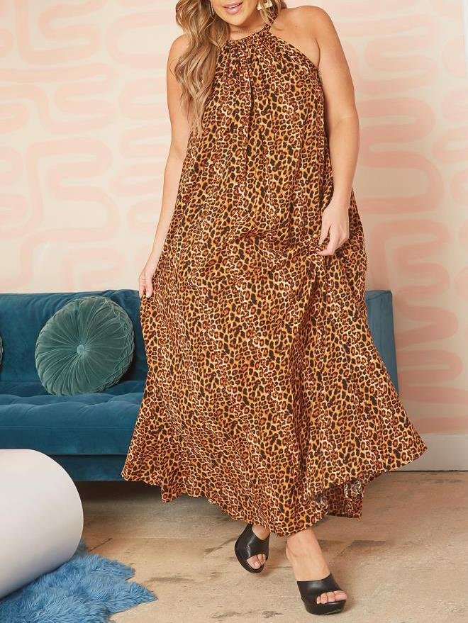 Plus Size Leopard Print Fit Flare Maxi Gown