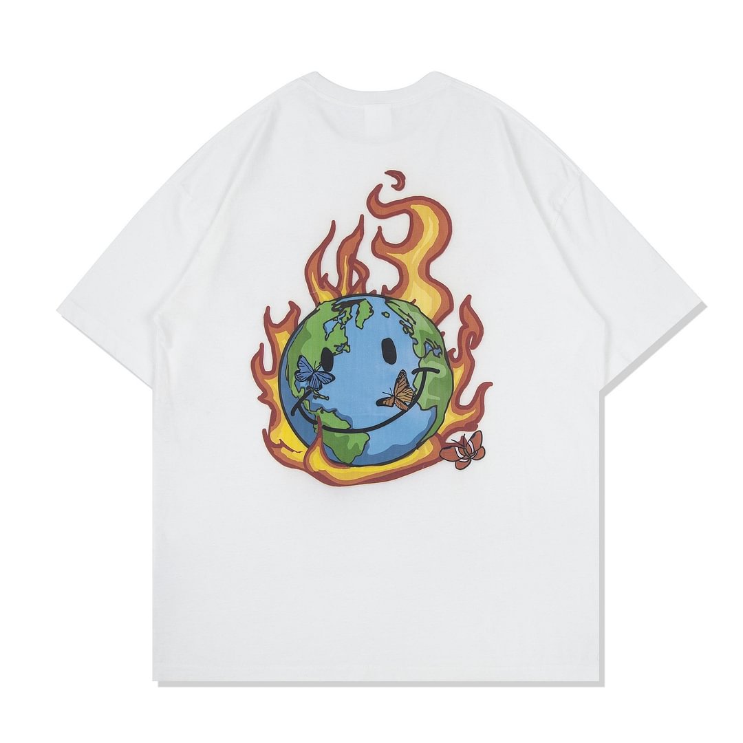 Street Retro Earth Flame Butterfly Printed T-Shirt / Techwear Club / Techwear