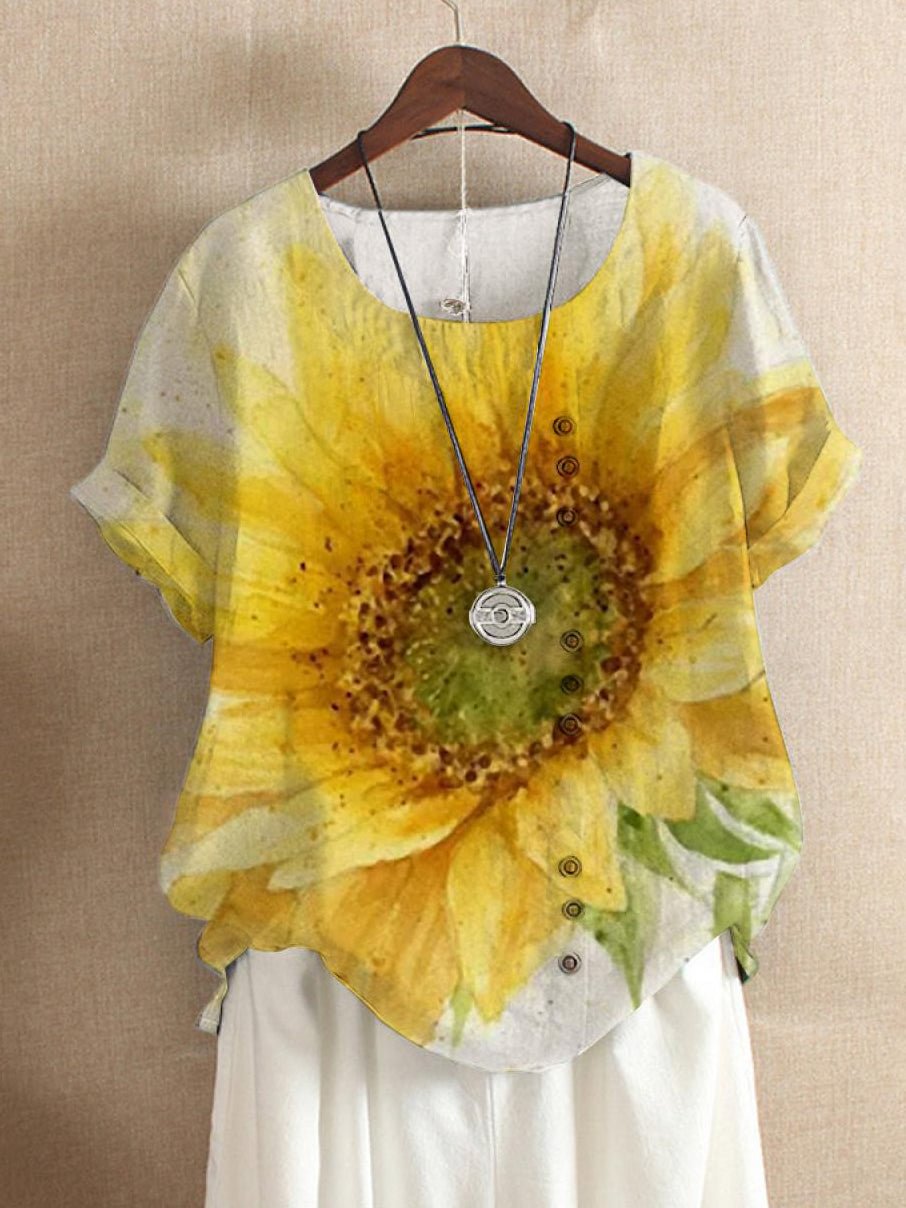 Women's Sunflower Print Casual Linen Tee