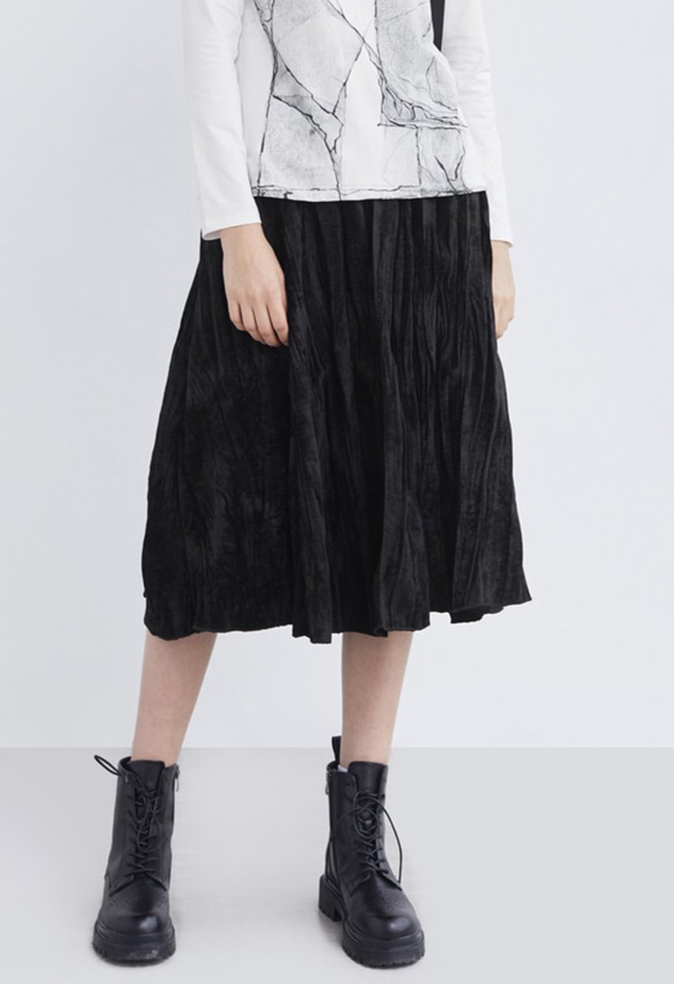 SDEER Vintage Elastic Pleated Texture Velvet Irregular Long Skirt