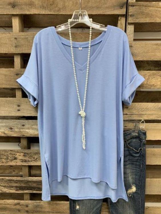 Blue Women Tops V Neck Cotton-Blend Simple Casual Tops-Mayoulove