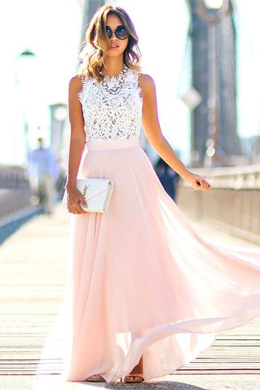 Luluslly White and Pink Long Chiffon Evening Dress Sleeveless With Lace