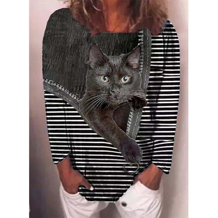 Women's Cat Stripe Print Crew Neck Women's T-shirt