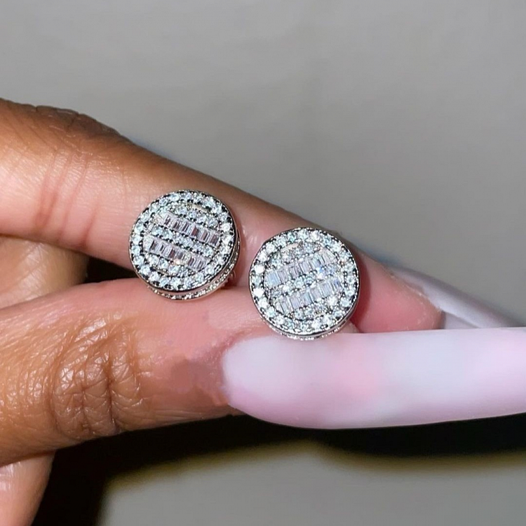 12MM Iced Out Baguette Diamond Women Stud Earrings