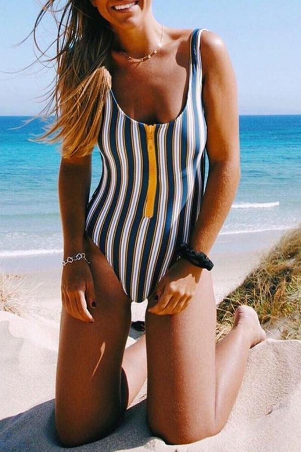 Women Women Smart Cute Stripe Print Zipper Siamese Bikini-Allyzone-Allyzone