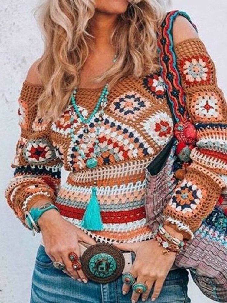 Mayoulove Knitted Tribal Vintage Off Shoulder Sweater-Mayoulove