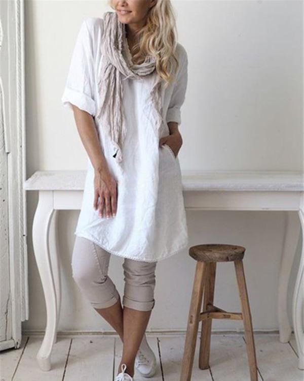Linen Casual Short Sleeve Round Neck Solid Dress