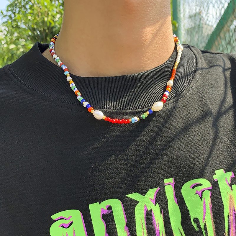 5MM Vintage Asymmetry Pearl Choker Colorful Beads Chain Necklace for Men-VESSFUL