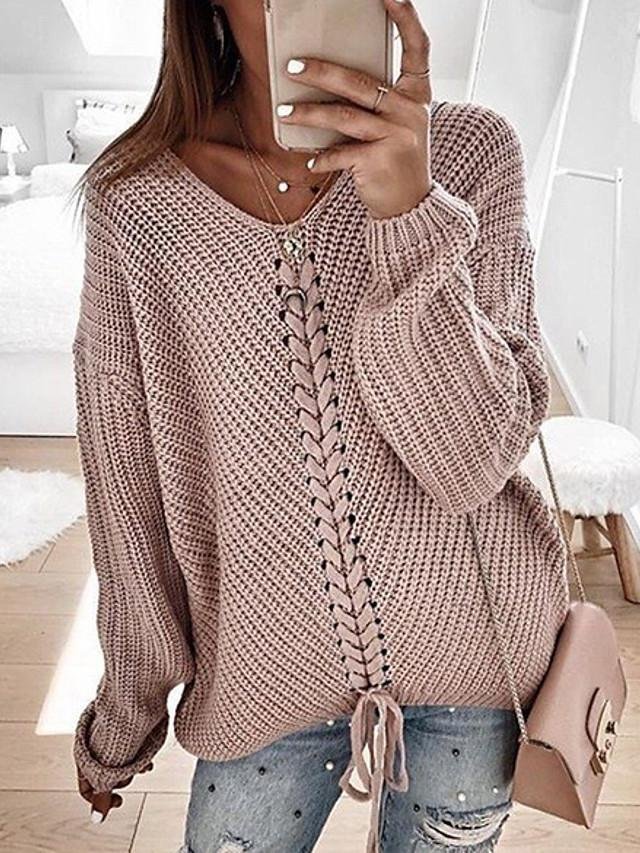 Women's Casual Knitted Solid Colored Pullover Long Sleeve Sweater Cardigans V Neck Spring Fall Black Red Yellow-Corachic