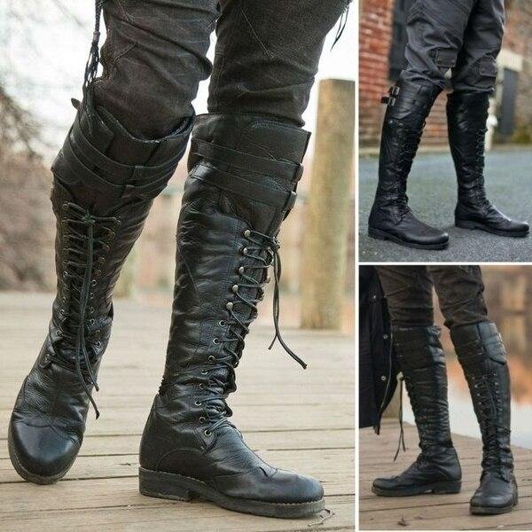 2022 Winter Boots Men Men's Vintage Medieval Knee High Boots Cross Strap Lace Up Shoes Men Flat Cool Moto Boots Fall - vzzhome