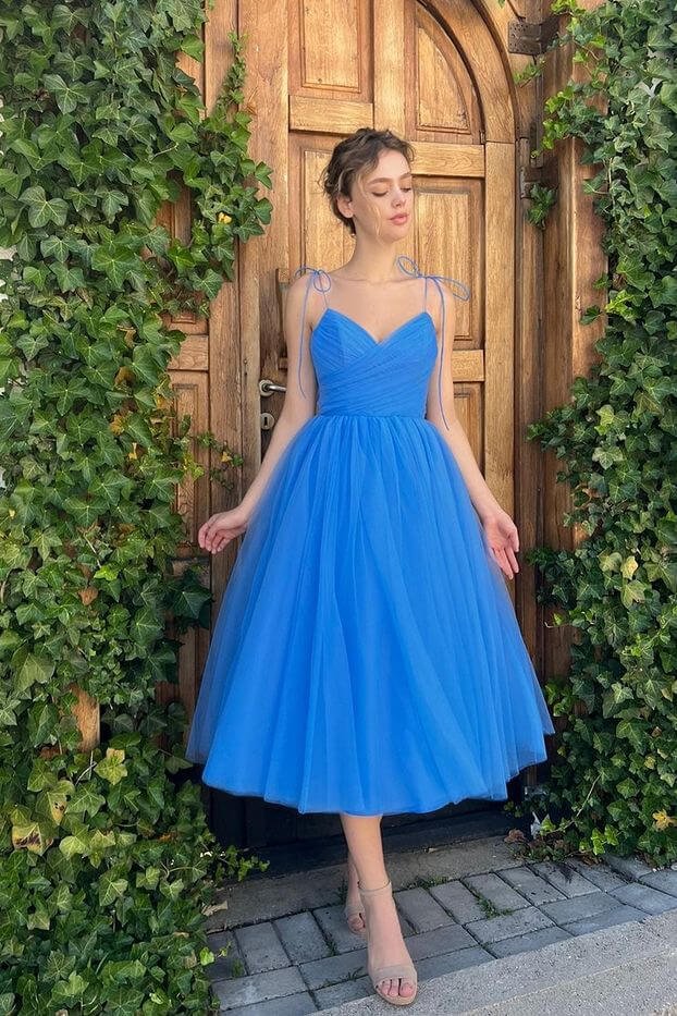 Luluslly Ocean Blue Tulle Short Prom Dress Spaghetti-Straps Sleeveless