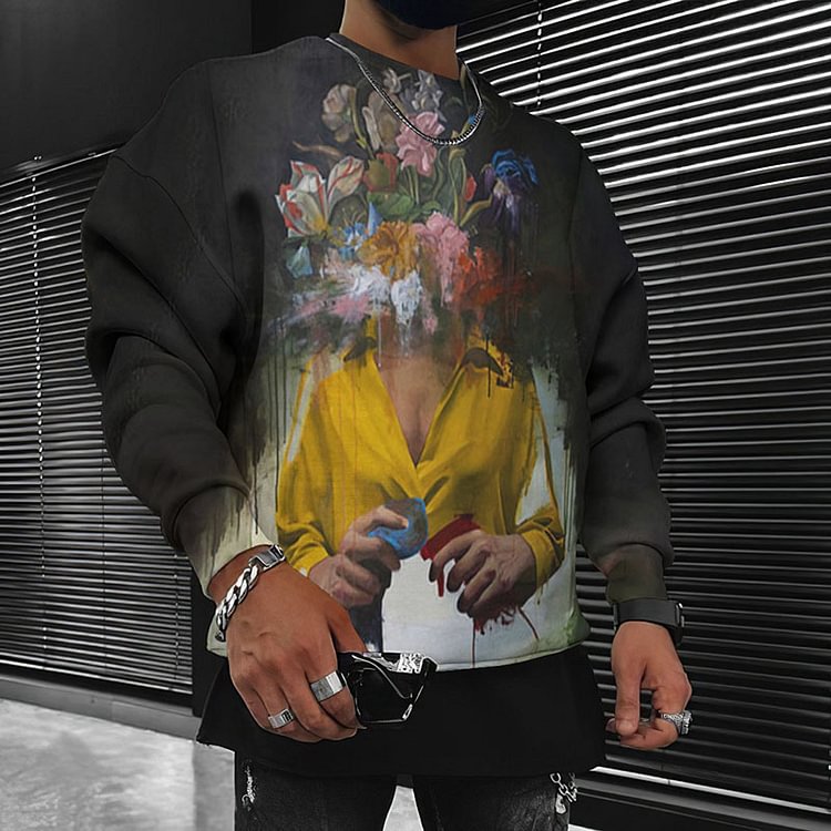 BrosWear Art Flower Face Print Long Sleeve Sweatshirt
