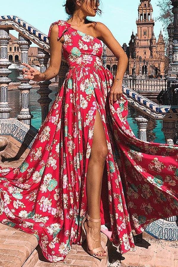 Elegant Floral Print Oblique Shoulder Dress P11360