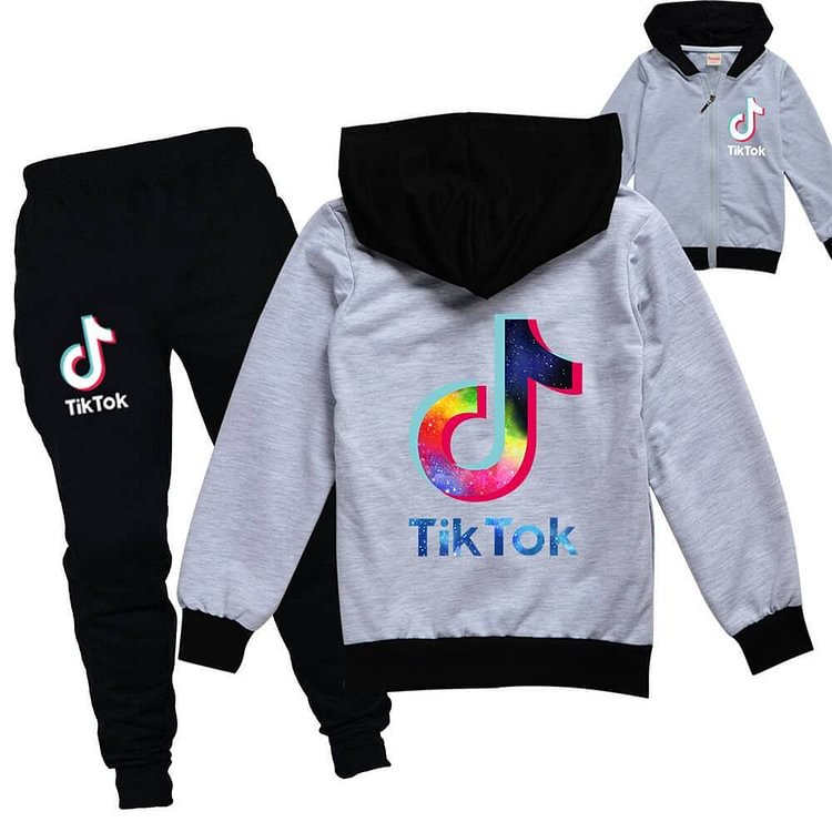 Colorful Tiktok Print Girls Boys Zip Up Hoodie And Joggers Outfit Suit-Mayoulove