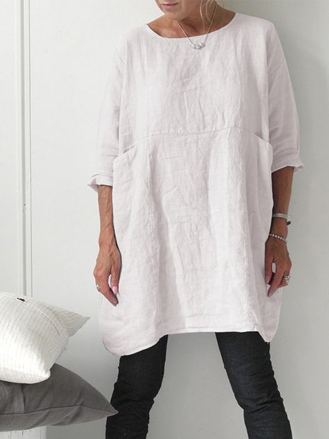 Ladies cotton and linen round neck casual loose top