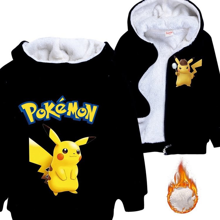 Mayoulove Pikachu Sherpa Lined Hoodie Fleece Sweatshirt Full Zip Hooded Jacket for Kids-Mayoulove