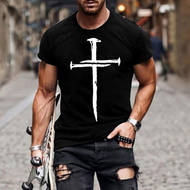Jesus Christ Cross Print Casual Summer Short Sleeve Men's T-Shirts-VESSFUL