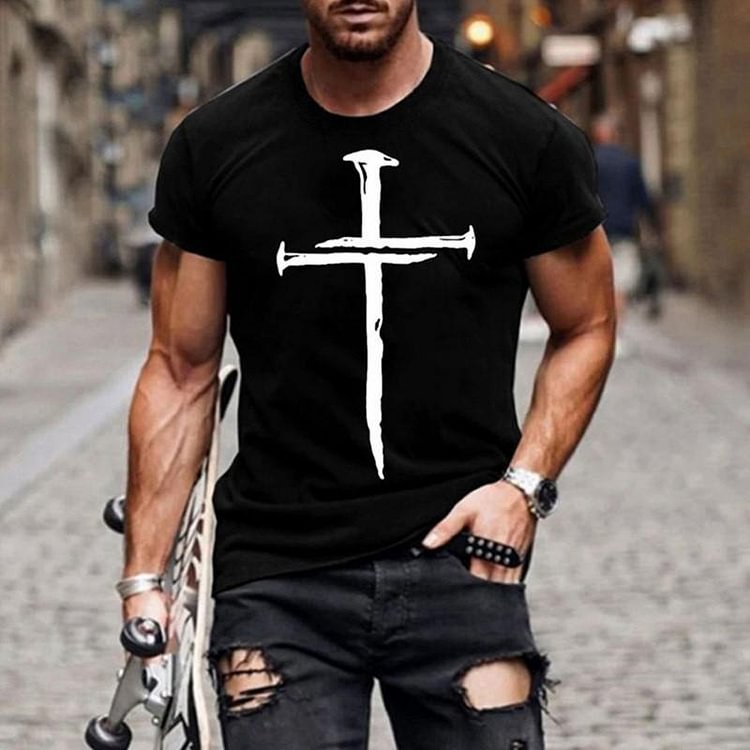 Jesus Christ Cross Print Casual Summer Short Sleeve Men's T-Shirts