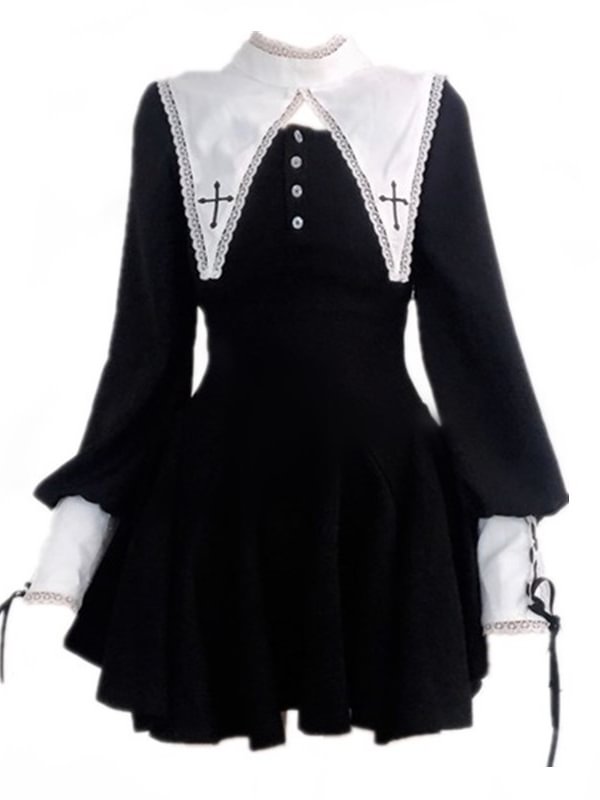 Gothic Dark Cross Embroidered Paneled Dress