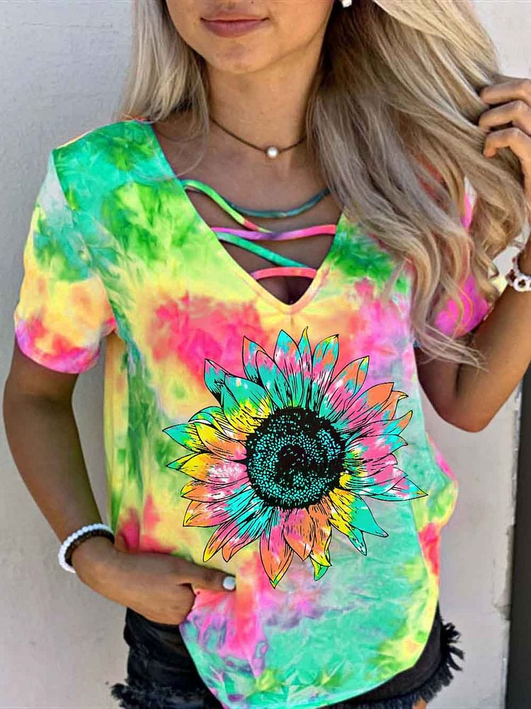 Women's Color Sunflower Print Cross Tie Dye V-Neck T-Shirt