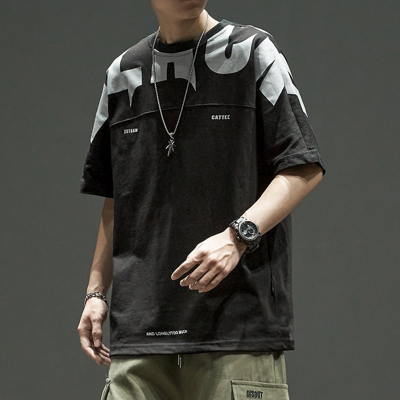 Japanese Style fashion brand short-sleeved T-shirt male street hip-hop loose letter printing five-point sleeve top