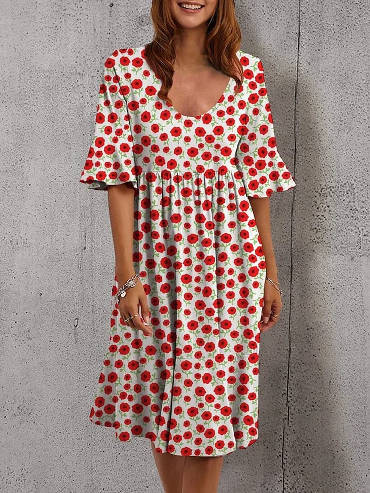 Floral Printed Women Vintage Short Sleeve Plus Size Dress