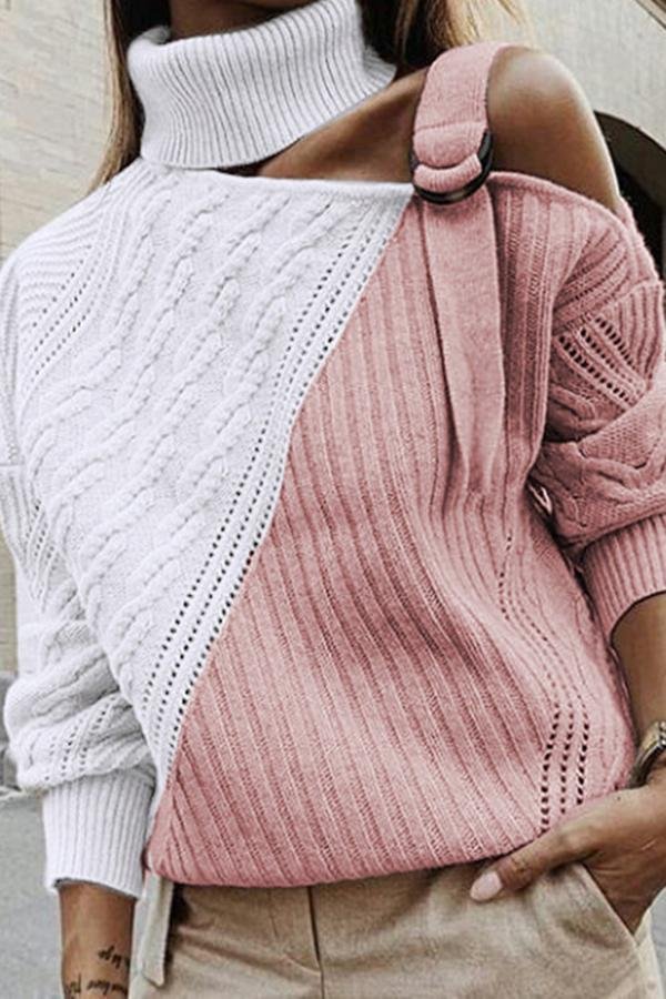 Womens Sweet Patchwork One Shoulder Sweater-Allyzone-Allyzone