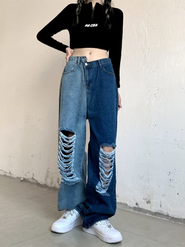 Statement Hip-pop Style Color Block Paneled Ripped Jeans