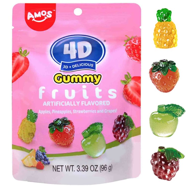 AMOS 4D Gummy Fruits with Fruity Juice (Pack of 24)
